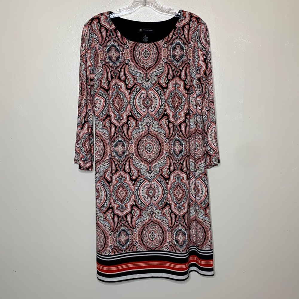 INC Dress Red & Black Paisley Scoop Neck Shift 3/4 Sleeves Large